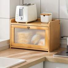 Caja de pan de madera, estante de almacenamiento para encimera de cocina, estante de almacenamiento de pan y aperitivos, estante de almacenamiento de utensilios de cocina, nueva caja de pan con puerta de acrílico - A - Ver 3