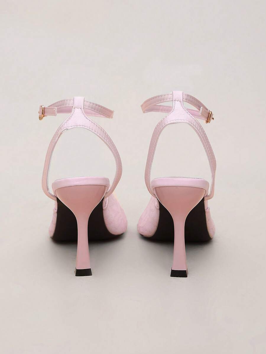 Women's Gold Toe Cap Elegant Lace Ankle Strap High Heel Pointed Toe Stiletto Sandals For Wedding, Prom, Evening Party - Pink - View 1