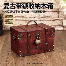 QINBEIYOU 1pc Vintage Wooden Storage Chest With Password Lock, Decorative Treasure Box With Leather Handle & Metal Corner Protector, Desktop Jewelry Document Trinket Organizer, Retro Home Decor Photo Prop - Dark Grey - View 4