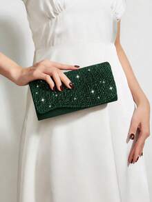 REMANLAND Fashionable Deep Green Party Clutch, Eye-Catching Pleated Satin Design With Sparkling Rhinestones, Suitable For Prom, Cocktail Party And Special Occasion Evening Bag - Dark Green - View 2