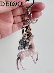 Dedoo Deer Keychain Charm, Plush Wooden Beads, Heart Metal Ring Leaf Charm Rope, Key Holder, Cute Fresh, Birthday Gift Women Charm - Khaki - View 4
