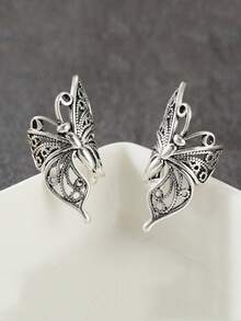 YOYO Women's Hollow Butterfly Clip Earrings, Fashionable Minimalist Personalized Wedding Ring Accessory - Silver - View 3