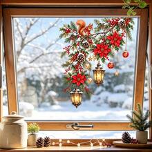 1/4pcChristmas Lantern Window Static Cling, Reusable Glass Static Ornament, Lightweight, For Xmas Indoor Window Decoration, Christmas Floral Lantern With Squirrel Bird Static Window Sticker, Window Decor - Multicolor - View 3
