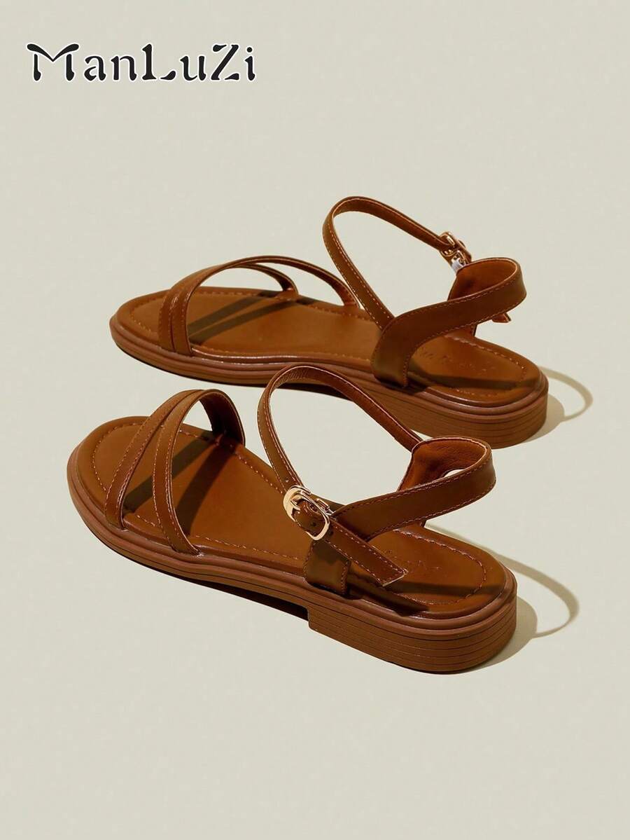 ManLuZi Women's Brown Flat Open Toe Strap Sandals, Simple Slim Strap Soft Sole Beach Flat Sandals - Brown - View 1