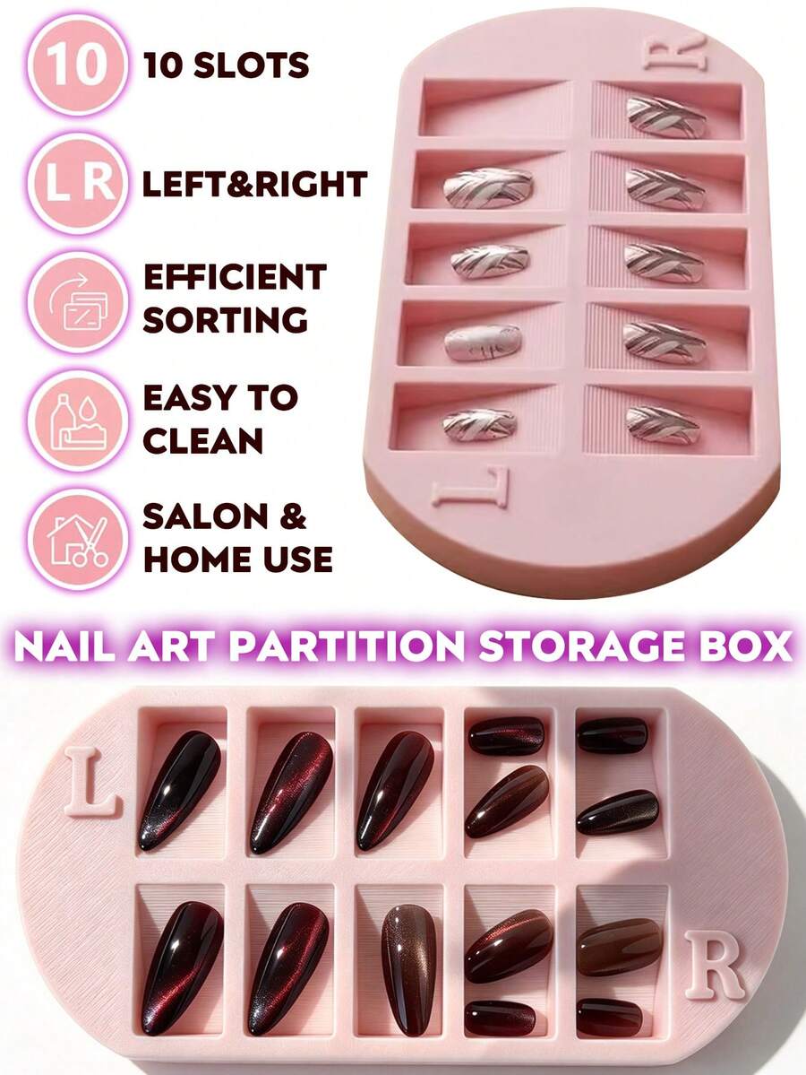 1pc 10 Slots Press On Nail Storage Tray, Left & Right Marked False Nail Sorting Holder, Nail Art Partition Display Tray, Manicure Organizer For Home Nail Salon DIY - Multicolor - View 1