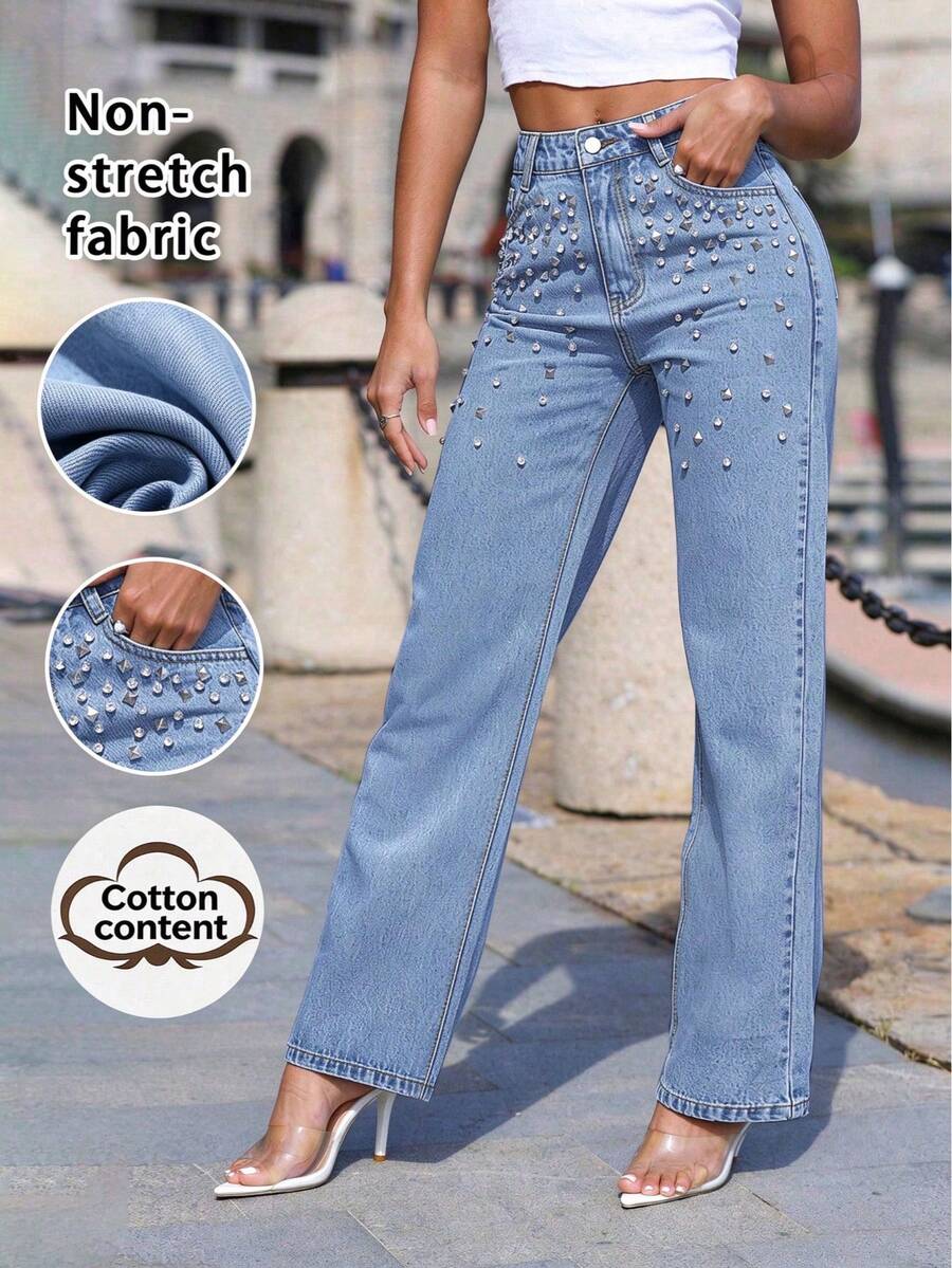 Fashionable Light-Washed Straight-Leg Jeans, Decorated With Rhinestones, Buttons And Pocket Details, Non-Stretch Casual Pants Spring Fall - Medium Wash - View 1