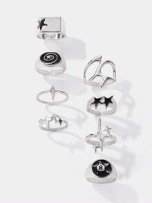Kryxie 8pcs Vintage Punk Hip Hop Premium Ring Set Suitable For Daily Wear, Gatherings, Parties And Music Festivals - Silver - View 8