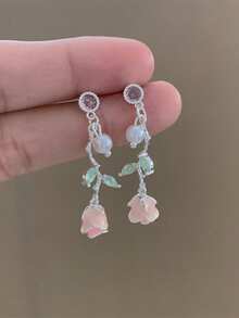 1 Pair Japanese Style Fresh Floral Earrings Enamel Rose Tassel Stud Earrings Elegant Sweet Fairy Style Jewelry - Silver - View 5