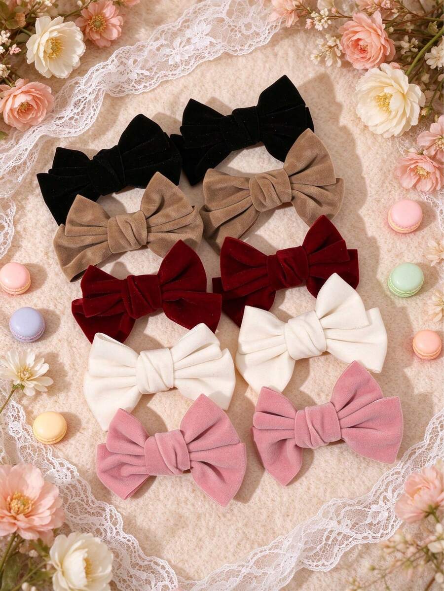 10Pcs Mixed Colors Velvet Hair Bows For Girls Soft Sweet Cute Alligator Clips Fall Winter Party Gift Daily Casual Hair Clips Kids Hair Accessories - Multicolor - View 1