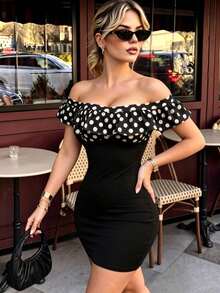 Da Jade Women Chic Off Shoulder Polka Dot Ruffle Mini Dress Contrast Patchwork Slim Fit Soft Versatile Elegant Night Out Date Night Party Club Outfit - Black - View 1