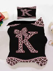2/3PCS Girls Pink Leopard Letter K Bedding Set, Bow Lace Edge Duvet Cover Set For Children, Teenagers, Adults, Girls, Bedroom(Twin/Full/Queen/King Size) - Multicolor - View 8