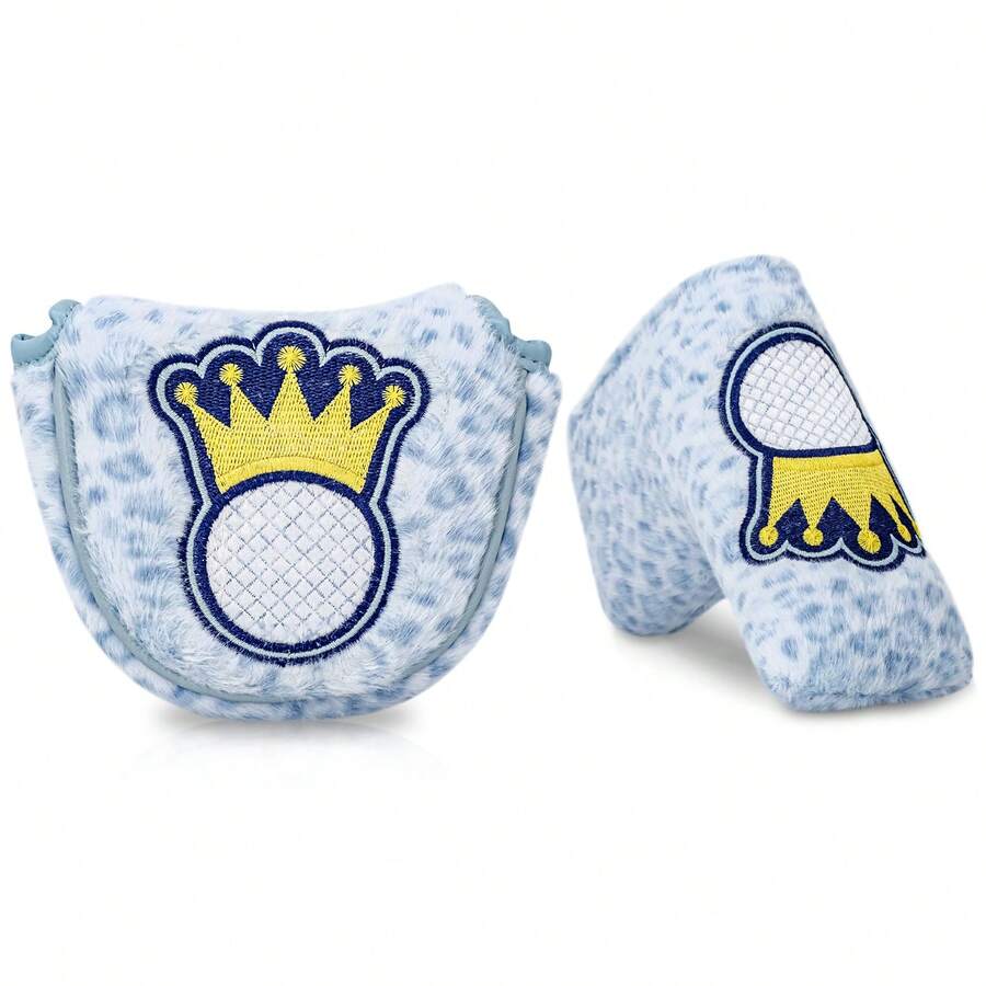 1PC Light Blue Leopard Plush Golf Putter Headcover, Golf Club Cover With Crown Embroidery, Golf Accessory For Mallet Putter,Novelty Golf Gift For Golfer