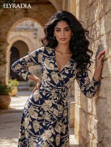 ELYRADIA Robe longue élégante pour femme - Robe maxi moulante col V avec fente latérale, imprimé floral, manches longues et taille à cordon, parfaite pour les occasions formelles d'automne - bleu indigo - Voir 5