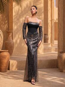 VIPGIRL Robe de soirée sirène sans bretelles à tube avec perles lourdes et paillettes, manches longues amovibles, robe de banquet longue affinante à la taille - Noir - Voir 6