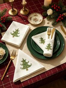 1pc 100% Polyester Christmas Tree Embroidered Fabric Napkin, White Reusable Dinner Napkin For Holiday Christmas Home Dining Party Banquet Table Decor - Multicolor - View 10