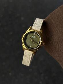 Women's Quartz Watch With Round Green Textured Dial And Adjustable White PU Strap Stylish And Suitable For Everyday Wear - White - View 1