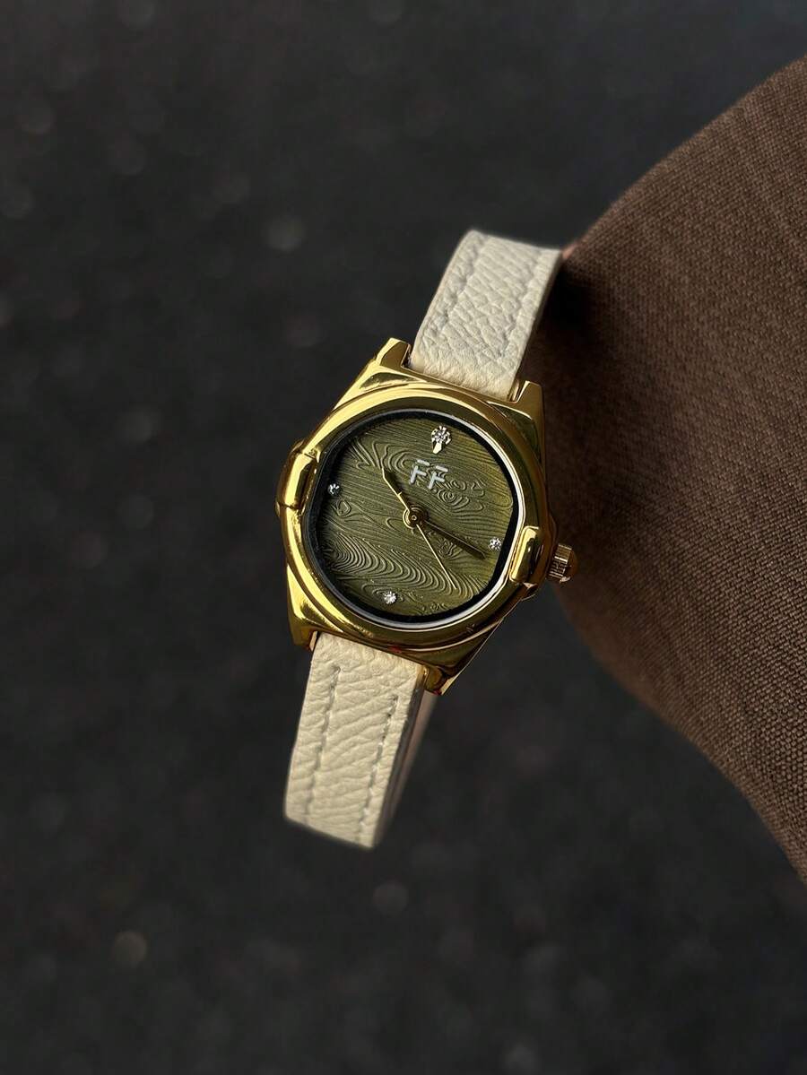 Women's Quartz Watch With Round Green Textured Dial And Adjustable White PU Strap Stylish And Suitable For Everyday Wear - White - View 1