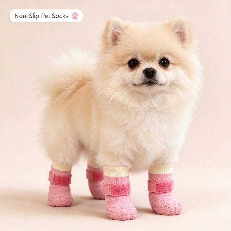 4pcs/Set Pink Ombre Waterproof Dog Shoes, Anti-Slip Paw Protection With Adjustable Strap, Warm & Moisture-Proof For Indoor & Outdoor Small Pets - Multicolor - View 1