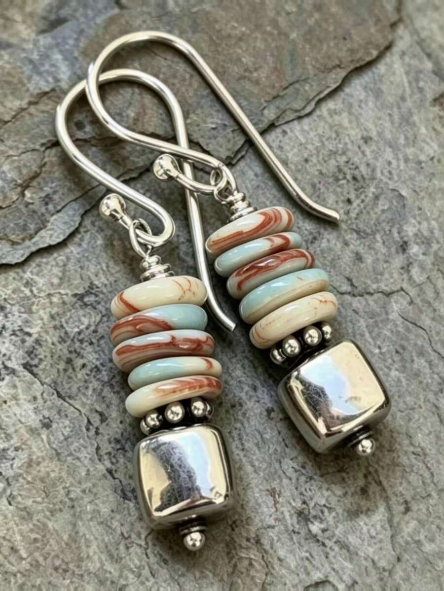 1 Pair Vintage Bohemian Style Mixed Color Shoushan Stone Beaded Square ...