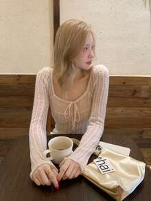 Korean Style Hollow Out Knit Slim Fit Long Sleeve Top For Women - Pink - View 7