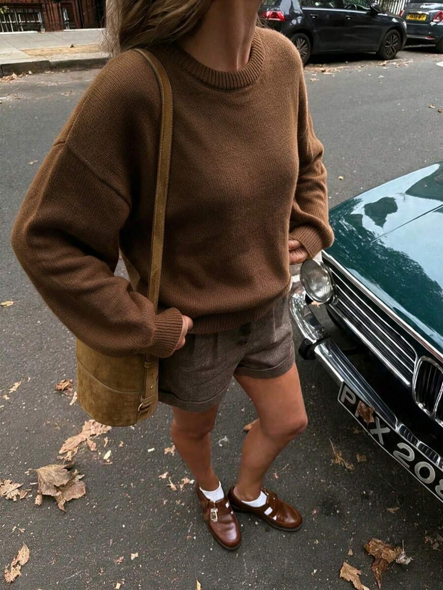 Autumn And Winter New Girl Sense Of Pink Round Neck Long-Sleeved Knit Sweater Women's Loose Simple Versatile Drop-Shoulder Pullover Sweater - Coffee - View 1
