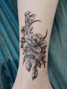 1pc Herbal Temporary Tattoo Sticker, Dotwork Moon, Flower And Calla Lily Combo Pattern, Realistic Fake Tattoo Design, Ideal For Daily Wear, Bachelorette Party Favors, Music Festivals, Games, Graduation Gifts, Lasts 7-14 Days - Black - View 5