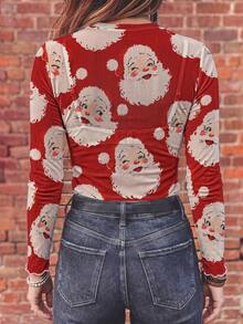 Santa Claus Print Sheer Mesh Long Sleeve Top, Western Cowgirl Slim Fit Crew Neck See Through Christmas Rodeo Tee - Multicolor - View 2
