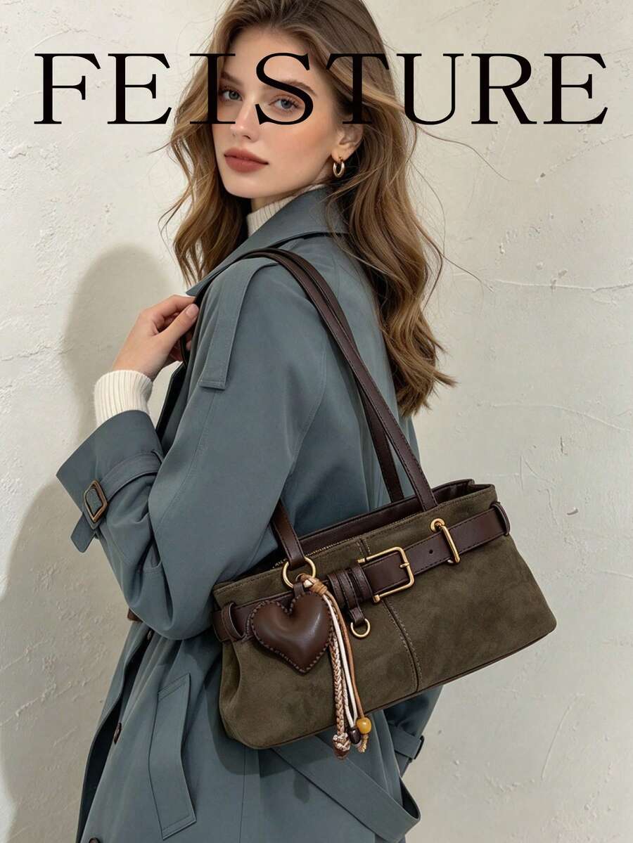 FEISTURE 1pc Fashionable Suede Women's Underarm Shoulder Bag With Strap Decor And Heart Knot Charm, Suitable For Daily Outings, Dates, And Commuting