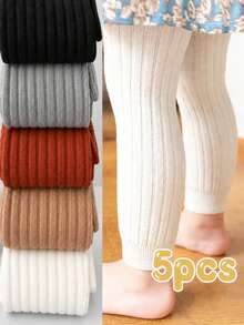 5 Pairs Solid Color Baby Vertical Stripe 9/10 Length Warm Tights - Multicolor - View 10