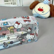 Hasbro Hello Kitty 印花拉鍊筆袋，可愛卡通貓熊蘋果圖案筆袋，透明內裡順滑拉鍊，大容量圓筒筆袋可收納筆、橡皮擦、尺，便攜收納袋，理想禮物 - A - 查看 8