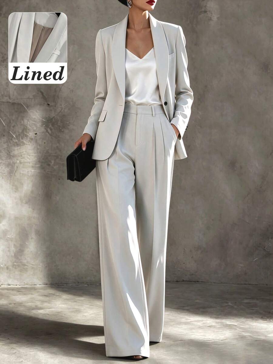 Women's Lightweight Commuter Solid Color Lined Loose Single-Breasted Long Sleeve Blazer And Wide-Leg Pleated Seam Trousers Suit Set - Light Grey - View 1