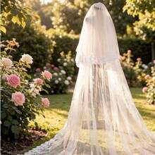 2-Layer Cathedral Length Wedding Veil With Lace Applique Trim And Comb, Bridal Veil - Off White - View 2