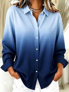 Basic Casual Plus Size Women's Autumn Long Sleeve Lightweight Button-Down Shirt - Blue - View 1