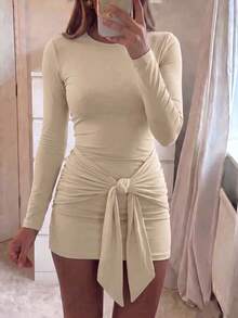 GLAMSKIN Autumn Solid Color Long Sleeve Fitted Mini Dress, Round Neck Tie Waist Ruched Bodycon Short Dress, Nightclub Party Outfit - Apricot - View 5