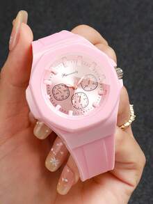 Women's Fashion Octagonal Quartz Watch, Silicone Strap Three-Dial Quartz Wristwatch, Gift For Girlfriend (1pc/Set) Watch Box Not Included - Pink - View 4