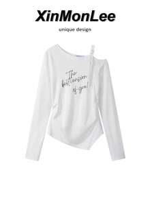 Design-Driven Pleated Waist Letter Print Asymmetrical Collar Cold Shoulder Knit T-Shirt, Unique Elegant Casual Travel Vacation - White - View 1