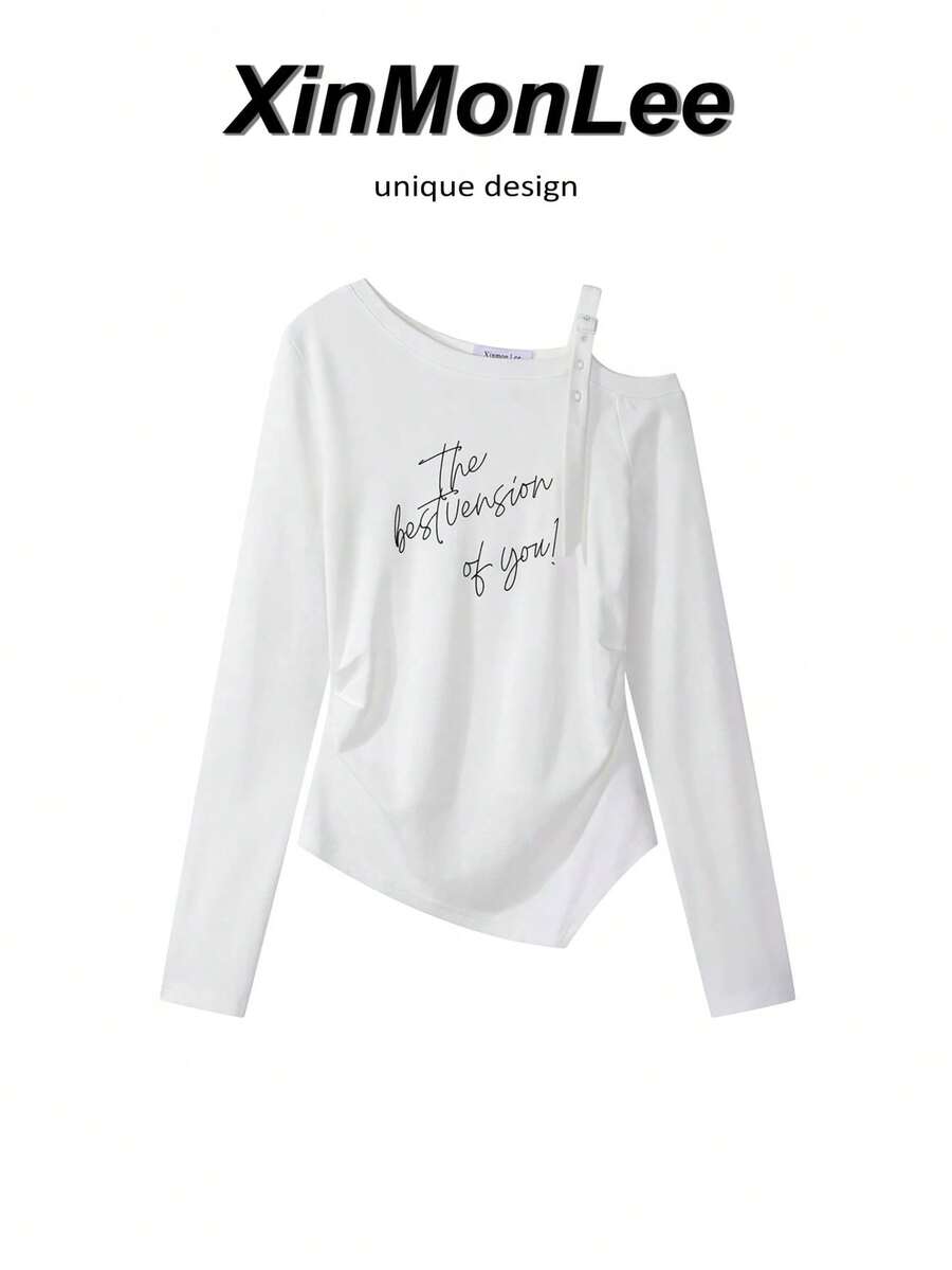 Design-Driven Pleated Waist Letter Print Asymmetrical Collar Cold Shoulder Knit T-Shirt, Unique Elegant Casual Travel Vacation - White - View 1
