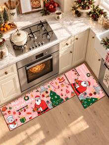 1/2pcs Christmas Kitchen Decor Rug, Santa Claus Pattern Winter Kitchen Rug And Mat, Non-Slip Washable Absorbent Kitchen Accessory Decor Mat, Christmas Holiday Gift! - Multicolor - View 2