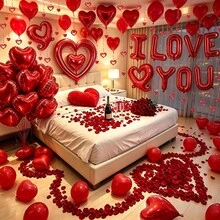 61件組情人節 I Love You 氣球套組－紅色人造花瓣 + 18英吋紅色心形鋁箔氣球 + 10英吋紅色乳膠氣球，適合情人節求婚、浪漫裝飾、婚禮裝飾、飯店房間裝飾、紅色背景牆裝飾 - 彩色 - 查看 6