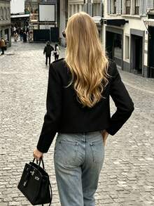 Women's Studded Decor Casual Daily Wear Wool Jacket - Black - View 4
