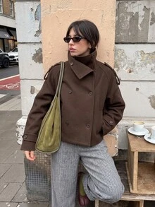 Women's Brown Short Woven Lapel Coat, Long Raglan Sleeves, Front Button Design, Suitable For Winter. Women's Brown Double-Breasted Lapel Raglan Long Sleeve Coat, Autumn/Winter Woven Fabric Regular Fit Button Jacket. - Chocolate Brown - View 1