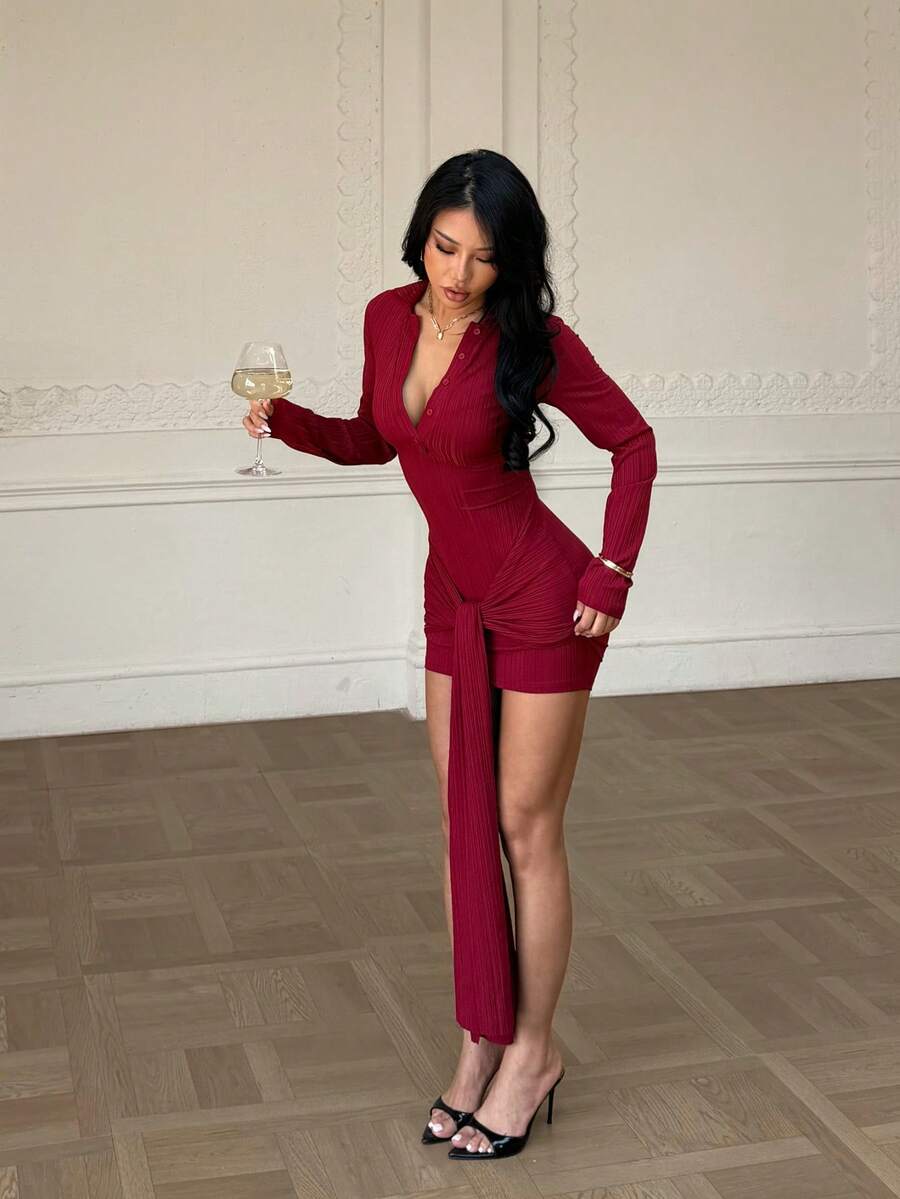 Women's Autumn Solid Color Button Half-Placket Long Sleeve Knotted Design Fitted Elegant Mini Dress, Suitable For Party Occasions - Burgundy - View 1
