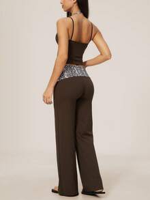 TimeOff Women's One Set Snake Skin Print 2 In 1 Patchwork V-Neck Halter Tank Top Folded Waist Wide Leg Pants Running Sports Outfit - Brown - View 3
