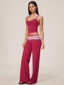 TimeOff Women's One Set Striped 2 In 1 V-Neck Halter Tank Top With Folded Waist Wide Leg Pants Running Sports Outfit - Red Violet - View 7