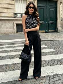 Women's Elegant French Casual Vintage Polka Dot Halter Tie Top + High Waist Wide Leg Pants 2 Pieces Set, City Stroll Weekend Casual Outfit - Black - View 4