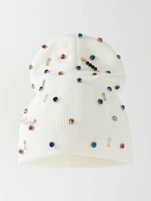 1 mũ len beanie nam thời trang đa năng màu trơn, đính ghim và đá rhinestone, mũ len dệt kim giữ ấm cho mùa thu/đông, phù hợp mặc hàng ngày và phối đồ - A - Xem 4