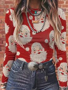 Santa Claus Print Sheer Mesh Long Sleeve Top, Western Cowgirl Slim Fit Crew Neck See Through Christmas Rodeo Tee - Multicolor - View 8