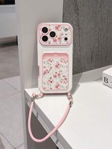 1pc Fashionable Personalized Full Screen Pink Floral & Green Leaf Pattern, Fashion Card Holder Lanyard TPU Material Shockproof Protective Phone Case, Suitable As Holiday Gift Compatible With Apple 11/12/13/14/14plus/15/15plus/16/16plus/17/17pro/18pro/18pm And Other Models Protective Cover - Multicolor - View 3