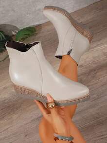 NOBLEARL Women's Fashion Thick Sole Retro Woven Texture Side Zipper Wedge Heel Ankle Boots - Beige - View 1