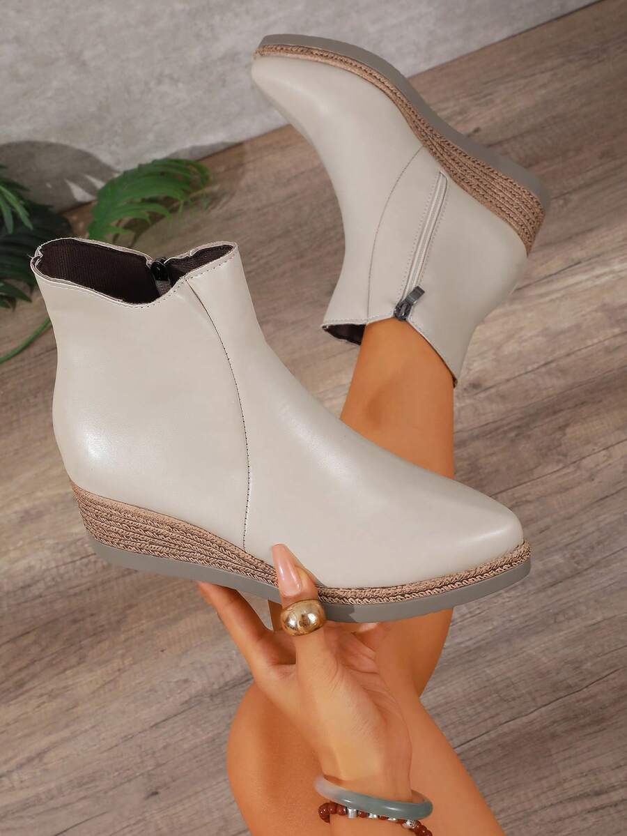 NOBLEARL Women's Fashion Thick Sole Retro Woven Texture Side Zipper Wedge Heel Ankle Boots - Beige - View 1